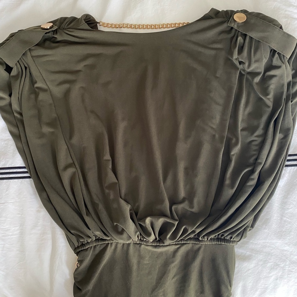 Retrofete- Olive Green “Chessie” Mini Bodycon Dress with Gold Chain Detail - Picture 8 of 14